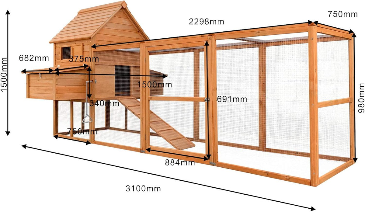 2026 Wiltec Hühnerstall 3100 x 1500 x 1500 mm braun mit Freilauf und Nistkästen aus Holz, Hühnerhaus mit Unterschlupf, Gitter und Kotwanne verzinkt