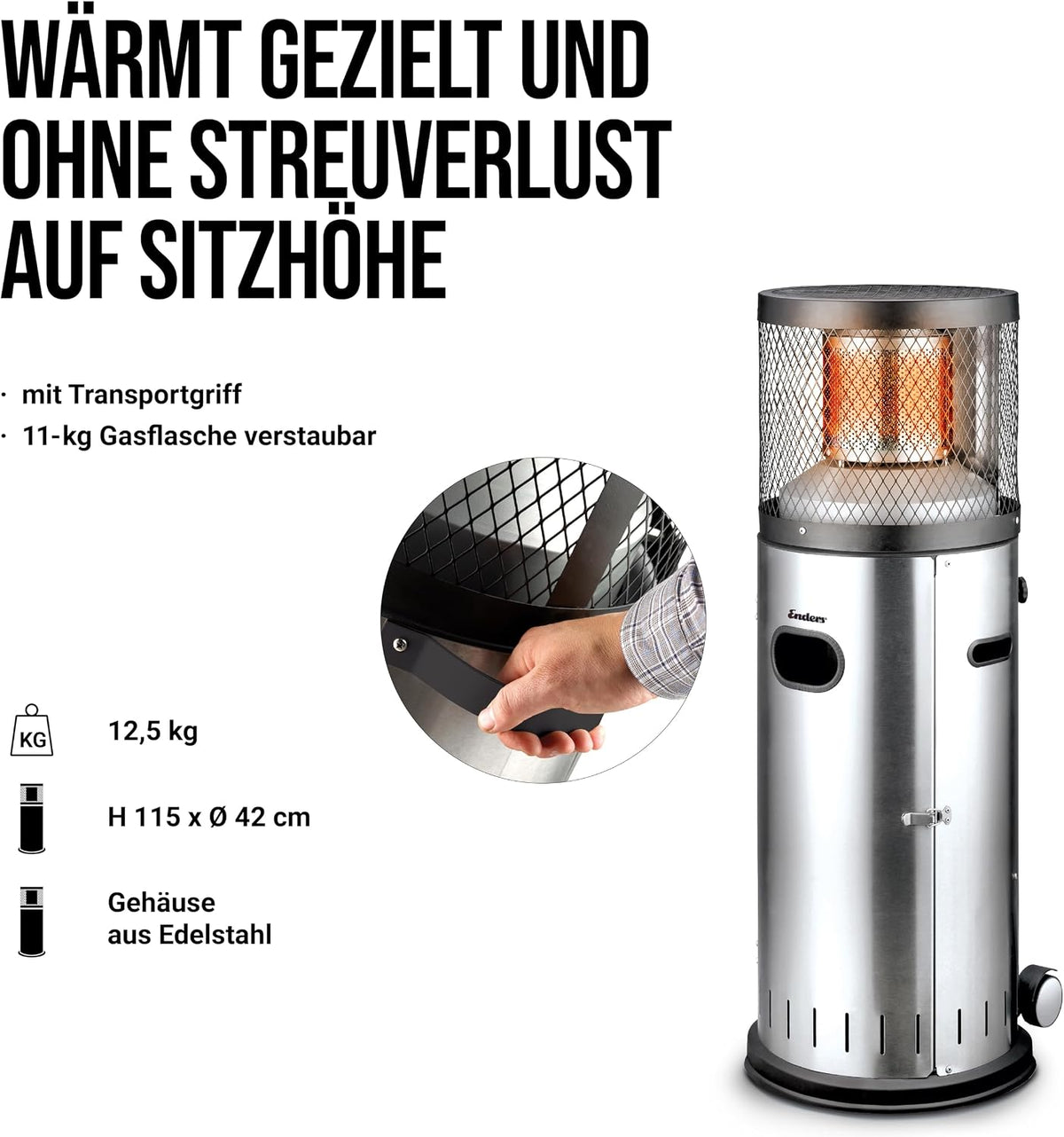 2026 Enders® Terrassenheizer Gas POLO 2.0, Gas-Heizstrahler, Terrassenstrahler mit stufenloser Regulierung, ENDUR Reflektionssystem, Transporträder, Umkippsicherung #5461