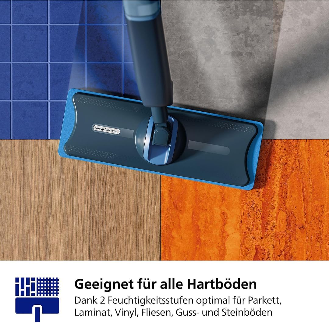2026 Philips OneUp 5000 Serie Elektrischer Wischmopp - 2X sauberere Böden², 2X schnelleres Wischen, Zwei Feuchtigkeitseinstellungen für Harte & empfindliche Böden, Kabellos mit 360° Drehgelenk (XV5113/01)