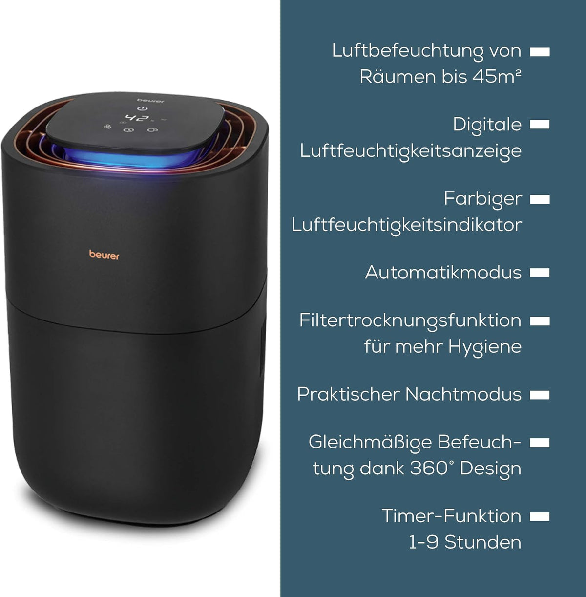 2026 Beurer LB 300 Plus Luftbefeuchter, TESTSIEGER Stiftung Warentest, mit energieeffizienter Kaltverdunstungstechnologie, farbiger Luftfeuchtigkeitsindikator, Filtertrocknungsfunktion, Räume bis ca. 45m²