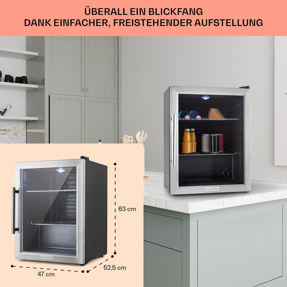 2026 Klarstein Mini Kühlschrank mit Glastür für Zimmer, Getrnkekühlschrank mit Verstellbaren Ablagen, Kleiner 80 Liter, Indoor/Outdoor Kühlschrank Leise