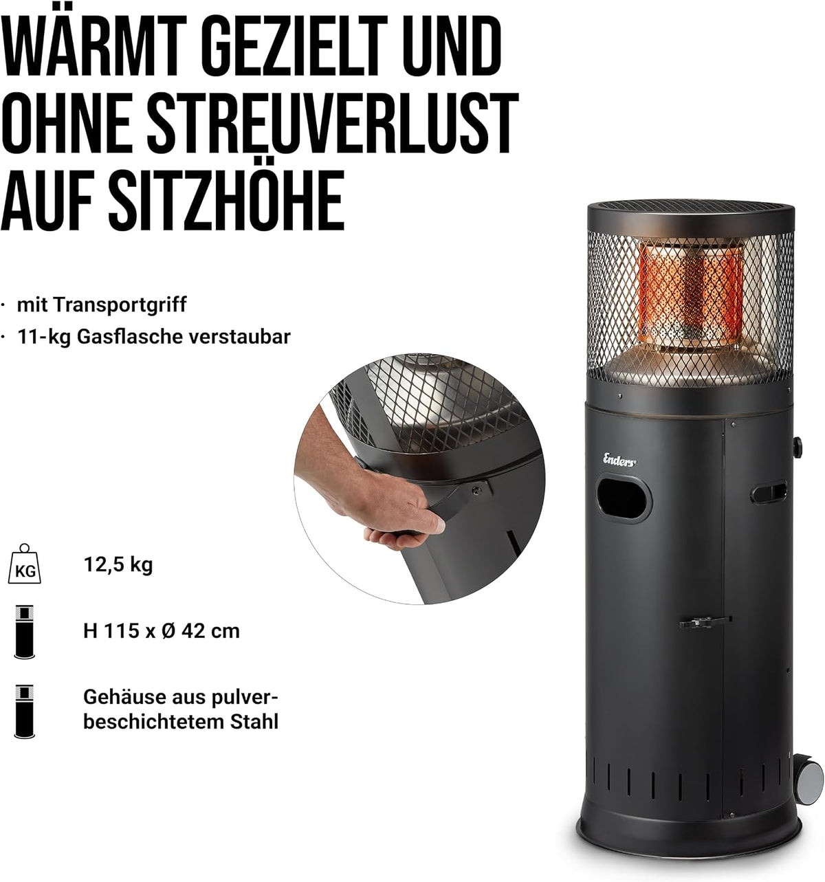 2026 Enders® Terrassenheizer Gas Polo Black 2.0, Gas-Heizstrahler, Terrassenstrahler mit stufenloser Regulierung, ENDUR Reflektionssystem, Transporträder, Umkippsicherung #5464