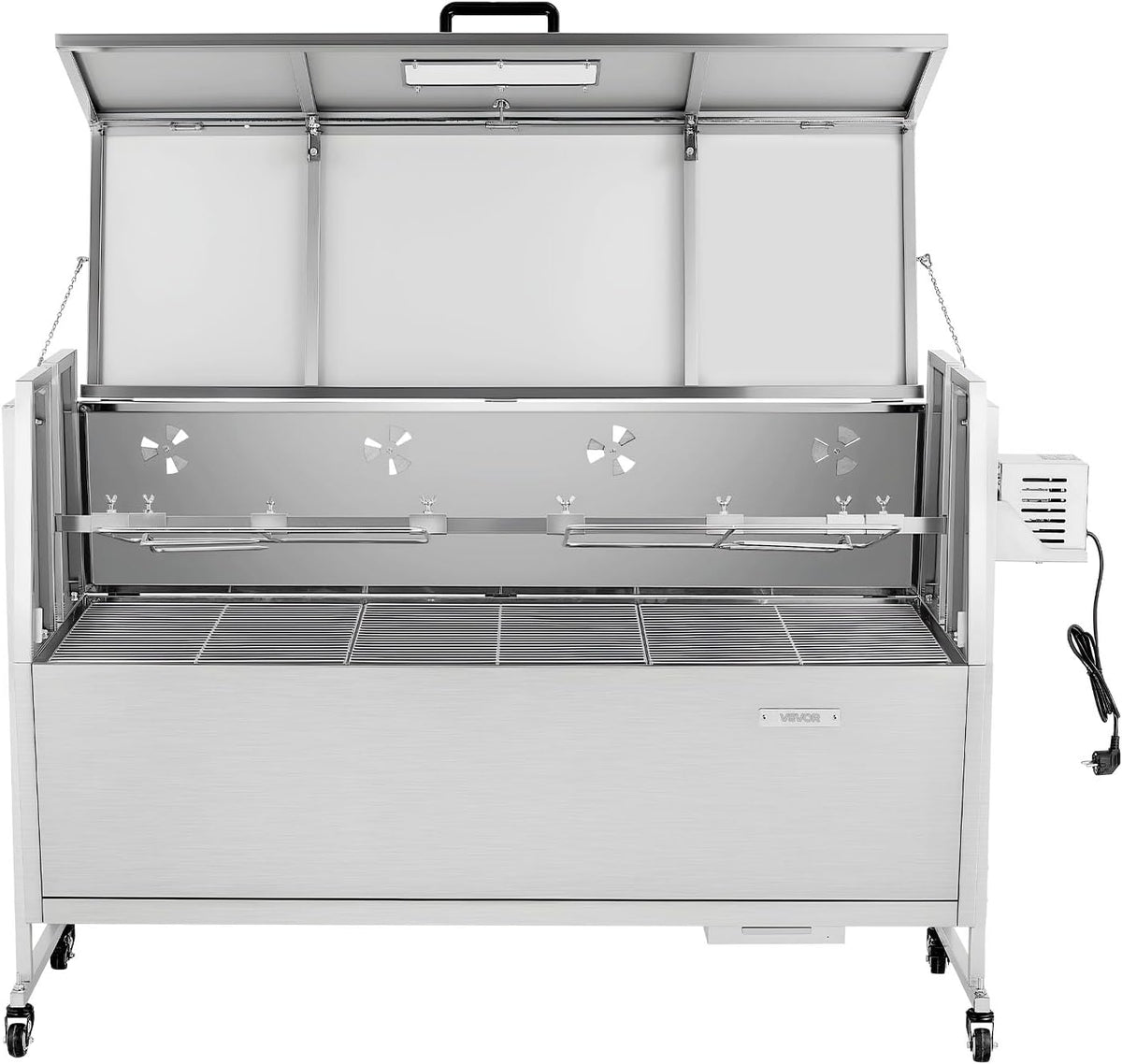 2026 VEVOR Drehspießgrill 38 W Spanferkelgrill Lammgrill Holzkohlegrill (132 cm Grilllänge) mit 60 kg Tragkraft & Rädern & 4-facher Höhenverstellung & Deckel, Edelstahl-Elektrogrill-Set für Camping