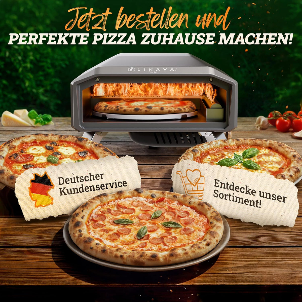 2026 LIKAYA NeroSpin Pizzaofen Gas – 6,2kW Outdoor Gas Pizzaofen 450°C - Gas Pizza Ofen Outdoor mit Pizzastein Drehteller, Pizzaschaufel, Tasche & Laser Thermometer – knusprige Pizza in nur 90 Sekunden!