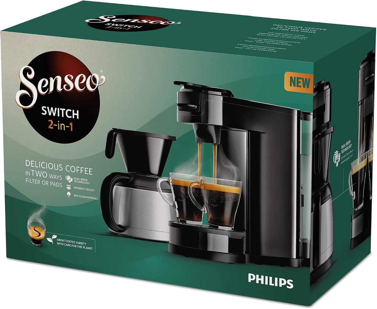 2026 Philips Senseo Switch Pad- und Filterkaffeemaschine, 2-in-1-Brühtechnologie, 1-Liter-Wasserbehälter, 7 Tassen in einem Durchgang, Klavierlackschwarz (HD6592/64)