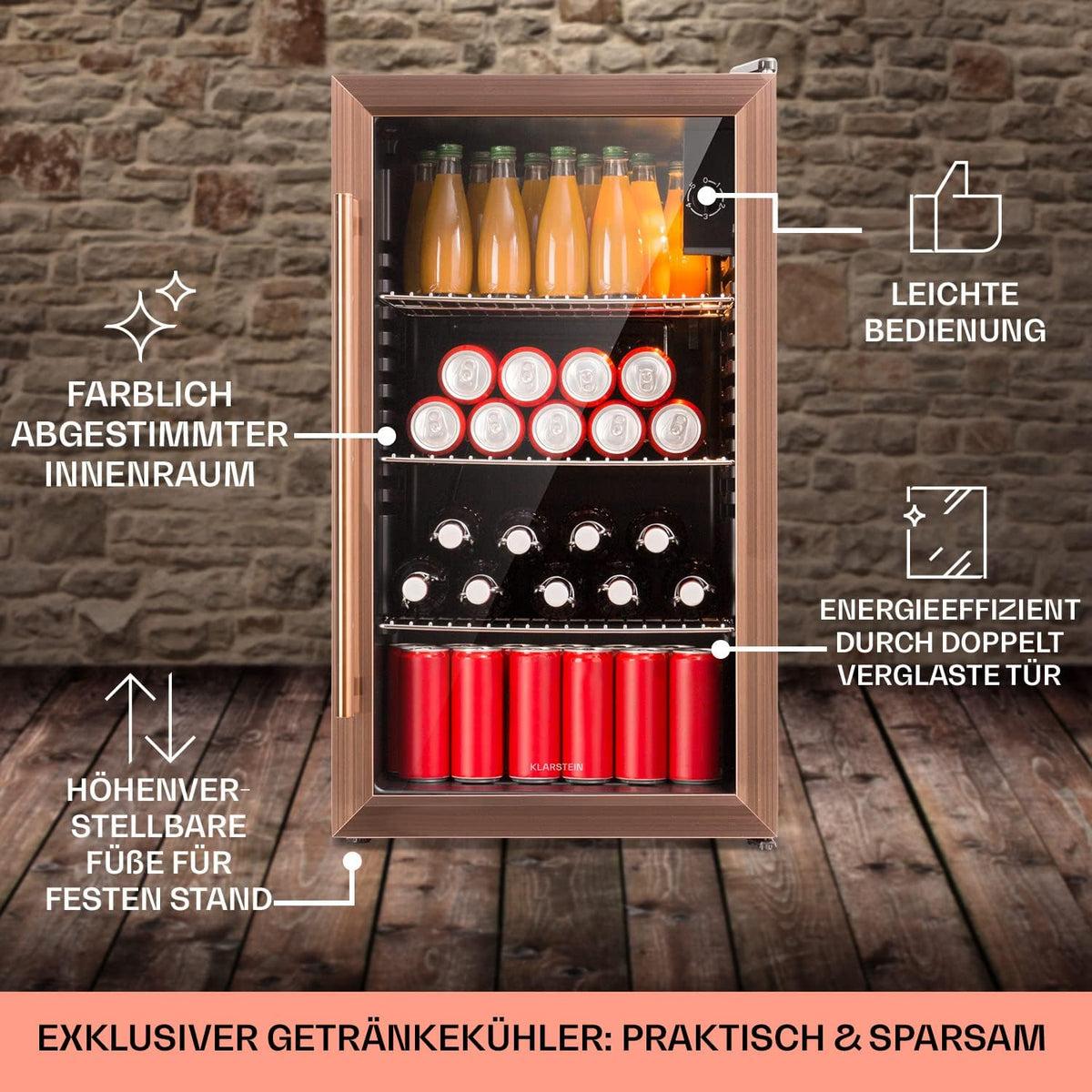 2026 Klarstein Mini Kühlschrank mit Glastür für Zimmer, Getrnkekühlschrank mit Verstellbaren Ablagen, Kleiner 80 Liter, Indoor/Outdoor Kühlschrank Leise