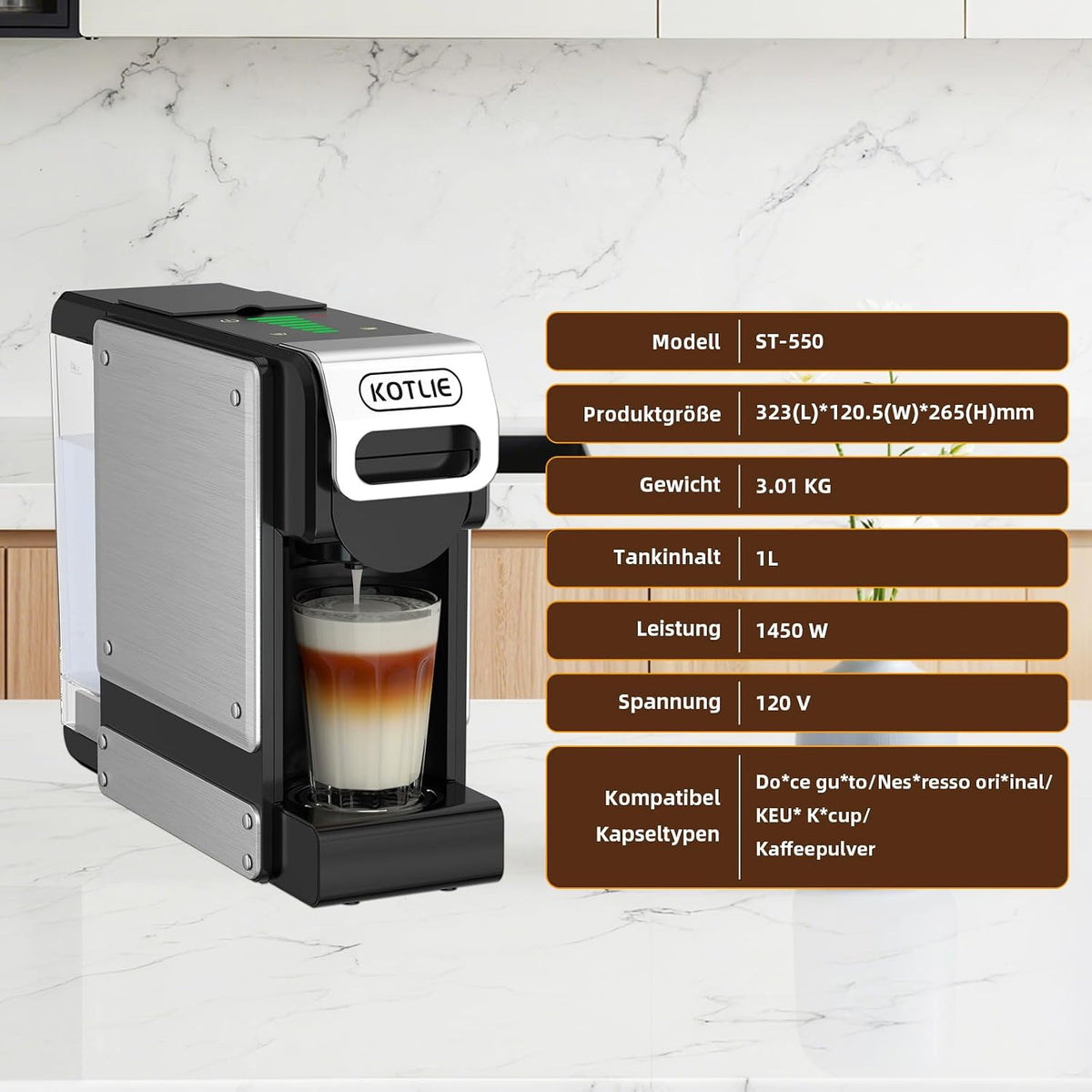 2026 KOTLIE 550 Multi-Kapselkaffeemaschine für Kapseln und gemahlenen Kaffee