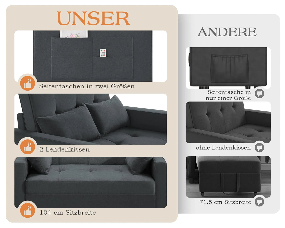 2026 3 in 1 Schlafsofa 186 x 122 cm, Grau, verstellbare Rückenlehne, 12 cm Komfortpolster, Massivholz Metallrahmen