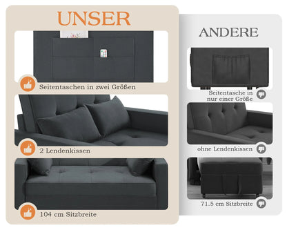 2026 3 in 1 Schlafsofa 186 x 122 cm, Grau, verstellbare Rückenlehne, 12 cm Komfortpolster, Massivholz Metallrahmen