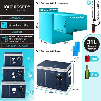 2026 KESSER Kompressor Kühlbox 2in1 Doppelzone Kühl & Gefrierfach elektrische Gefrierbox mit 2x Kühlakkus & LED-Touch-Bedienung | Kühlschrank Kühlung bis -20 °C für Camping, Auto, Lkw 12/24V 230V