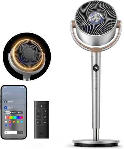 2026 Dreo Smart Standventilator mit RGB Light, 120° +120° Oszillierender Ventilator mit Fernbedienung, 20dB Leiser Bodenventilator für Schlafzimmer, 8H Timer, Silber