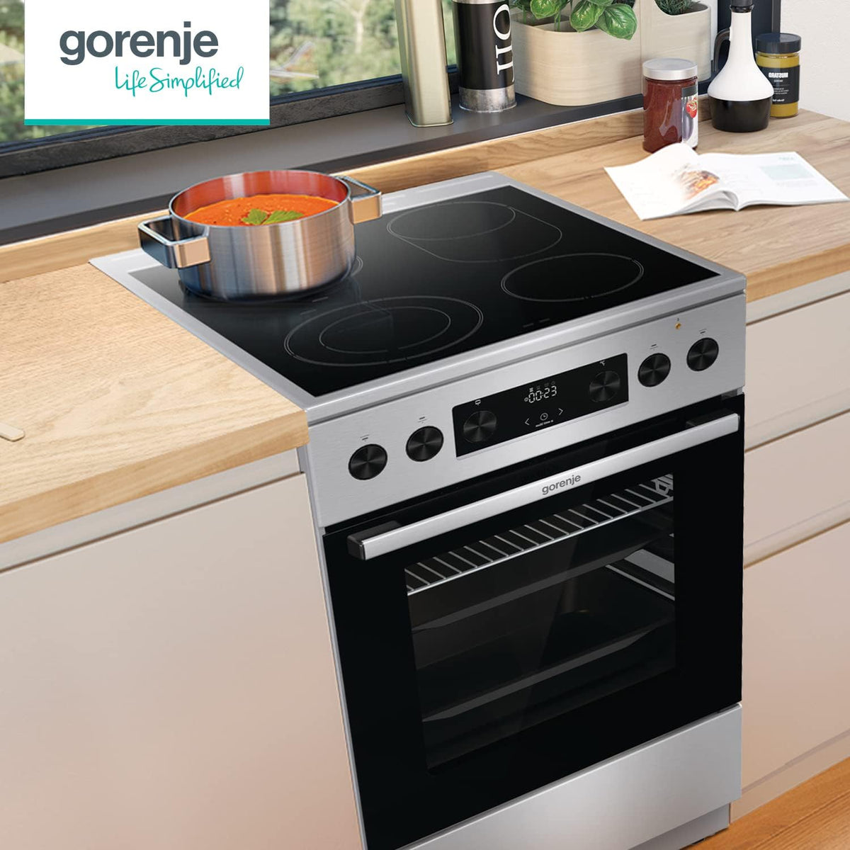 2026 Gorenje GECS5C70XPA Elektro-Standherd mit Glaskeramik-Kochfeld / 50cm / 70 Liter/GentleClose/Schnellaufheizung/AirFry/ExtraSteam/Pizzamodus 300°C/Teleskopauszüge/AquaClean/BräterZone/schwarz