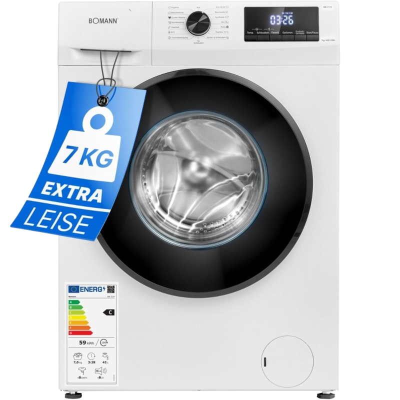 2026 Bomann Waschmaschine 7kg | max. 1400 U/min | 10 Jahre Motor-Garantie | effizienter, leiser & langlebiger Invertermotor | 15 Programme | Endzeitvorwahl | LED-Display | Washing Machine | WA 7175 wei