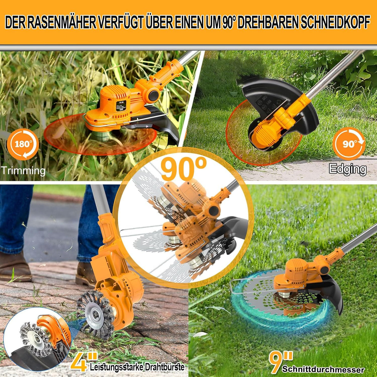 2026 Akku Rasentrimmer mit Akku und Unkrautbürste 4 in 1 Freischneider mit Unkrautbürste 21V Bürstenloser Freischneider, Elektro Motorsense mit 2 Akku 4.0Ah und Ladegerät Teleskop, Verstellbarer, Orange