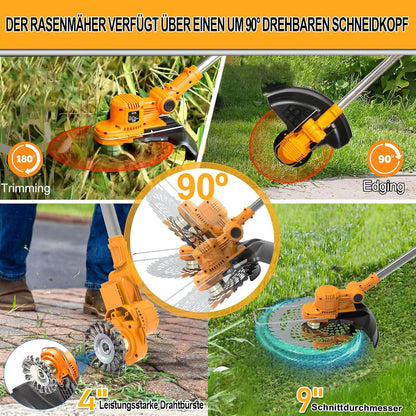 2026 Akku Rasentrimmer mit Akku und Unkrautbürste 4 in 1 Freischneider mit Unkrautbürste 21V Bürstenloser Freischneider, Elektro Motorsense mit 2 Akku 4.0Ah und Ladegerät Teleskop, Verstellbarer, Orange