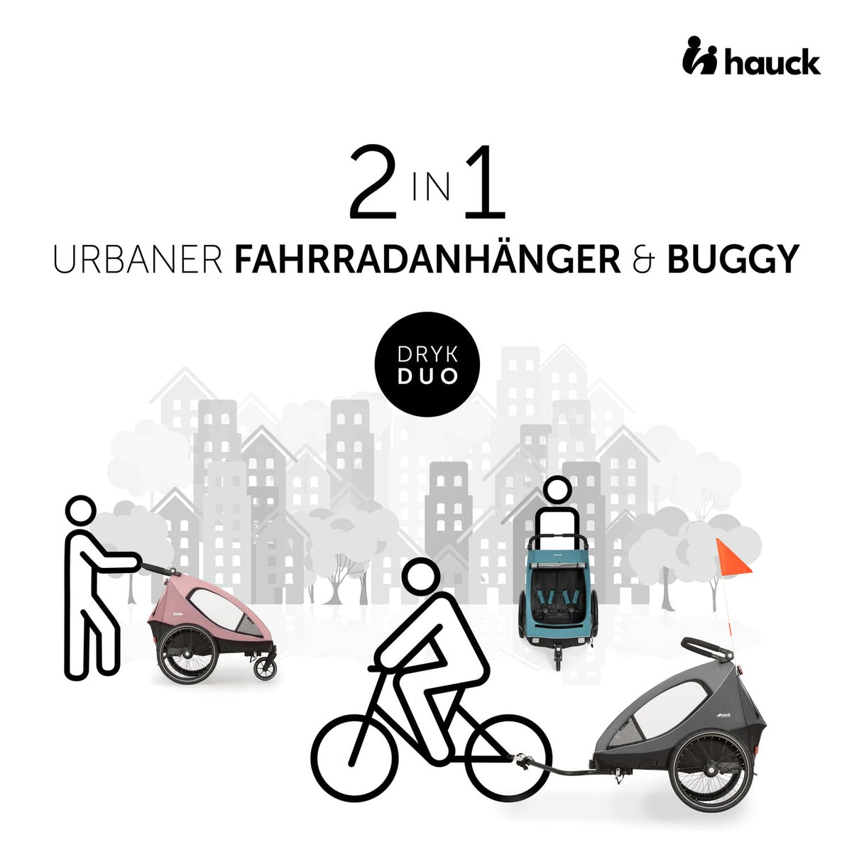 2026 hauck Fahrradanhänger & Kinderwagen Dryk Duo Plus mit Federung, für 2 Kinder (6-48 Monate), inkl. Deichsel, Buggyrad, Fahne und LED Licht, Faltbar, Höhenverstellbar, XL Kofferaum (Dark Green)