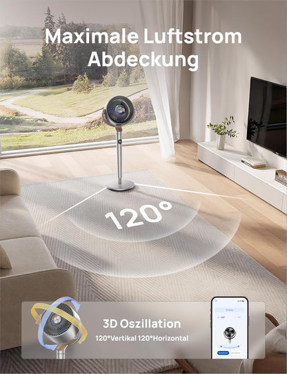 2026 Dreo Smart Standventilator mit RGB Light, 120° +120° Oszillierender Ventilator mit Fernbedienung, 20dB Leiser Bodenventilator für Schlafzimmer, 8H Timer, Silber