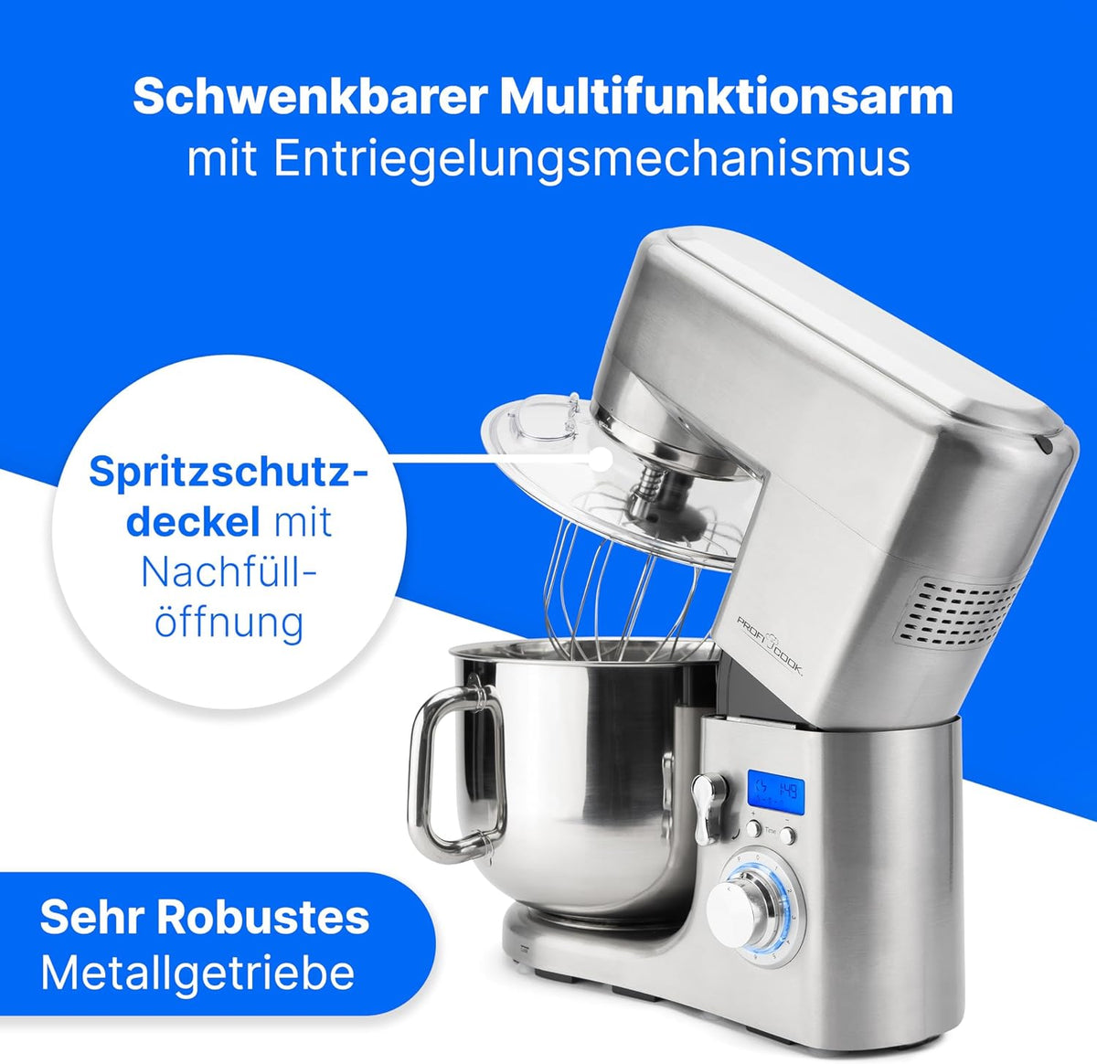 2026 ProfiCook® Küchenmaschine mit XXXL-Edelstahlschüssel | Rühgerät 10L mit 1500W Motor | Knetmaschine inkl. Haken & Schneebesen | Teigknetmaschine Spritzschutz mit Nachfüllöffnung | PC-KM 1096