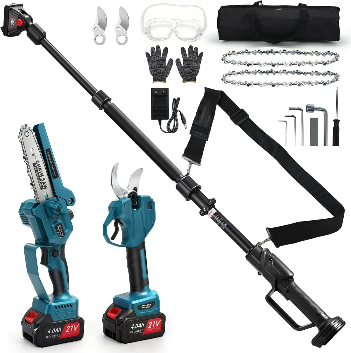 2026 4 in 1 Akku Astschere Mini Kettensäge Teleskop mit 2x4Ah Akkus, 55 mm Elektrische Gartenschere, 6 Zoll Hochentaster Astsäge, Maximale Reichweite bis 4,1m, Bürstenlos Motor für Makita 18V