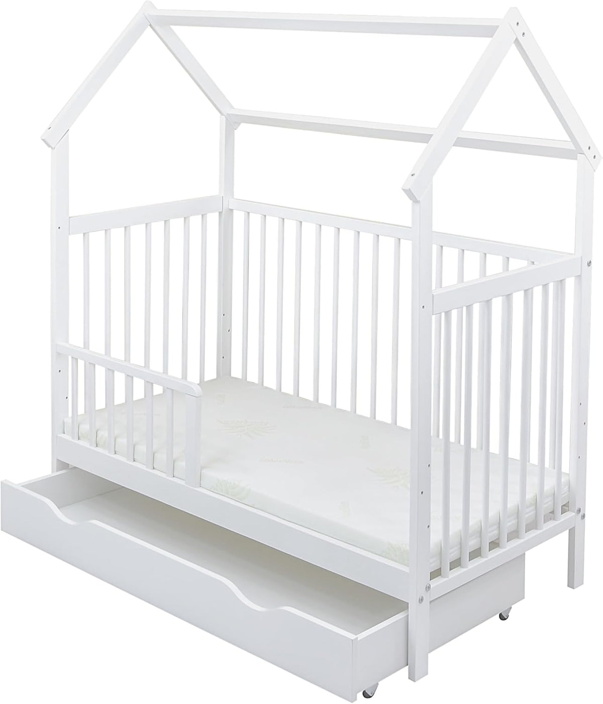 2026 Baby Delux Babybett Komplett Set Hausbett 60x120 cm weiß Schublade Rausfallschutz Kinderbett Matratze Bettwäsche Deko Set (Prince Stars)