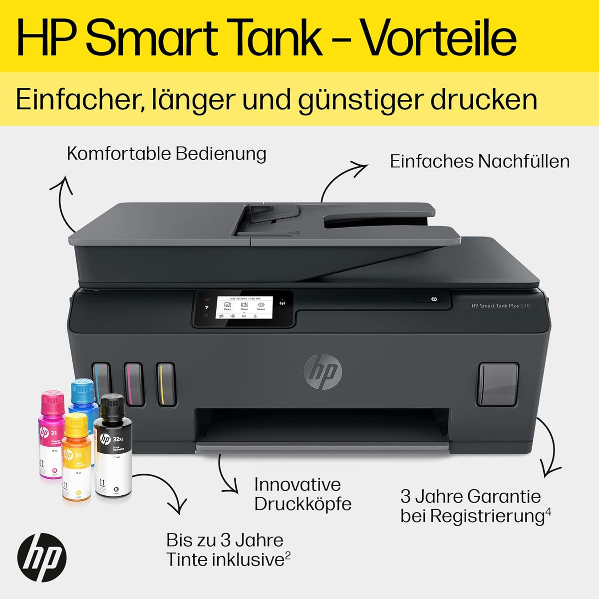 2026 HP Smart Tank 7605 4-in-1 Multifunktionsdrucker (WLAN; Duplex; ADF) – 3 Jahre Tinte inklusive, 3 Jahre Garantie, großer Tintentank, hohe Reichweite, Drucken in hoher Qualität