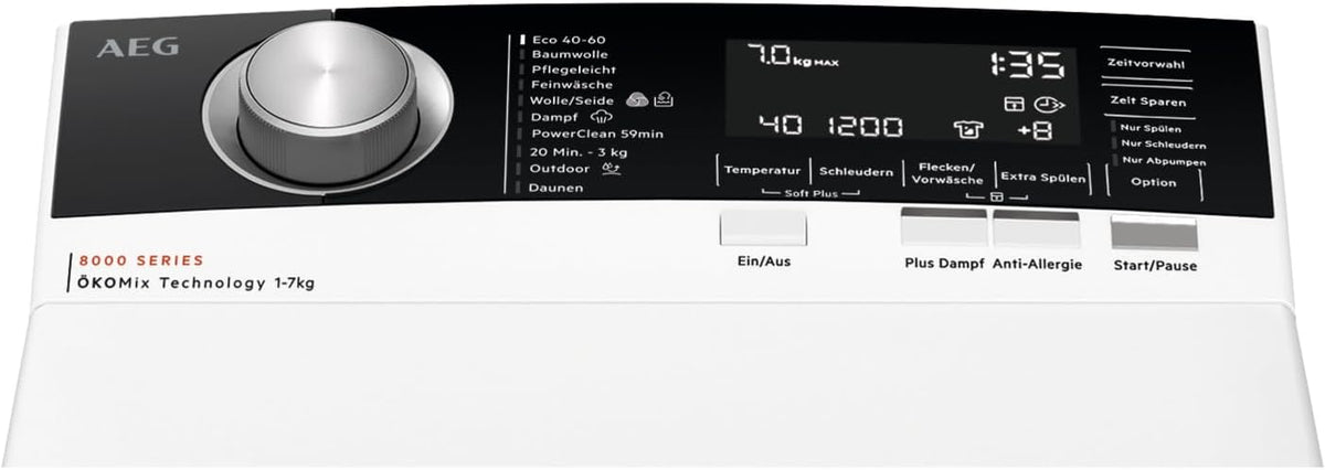 2026 AEG LTR7A71370 Waschmaschine Toplader / Serie 7000 mit ProSteam / ProSteam - Auffrischfunktion / 7,0 kg / Leise / Mengenautomatik / Nachlegefunktion / Wasserstopp / 1300 U/min