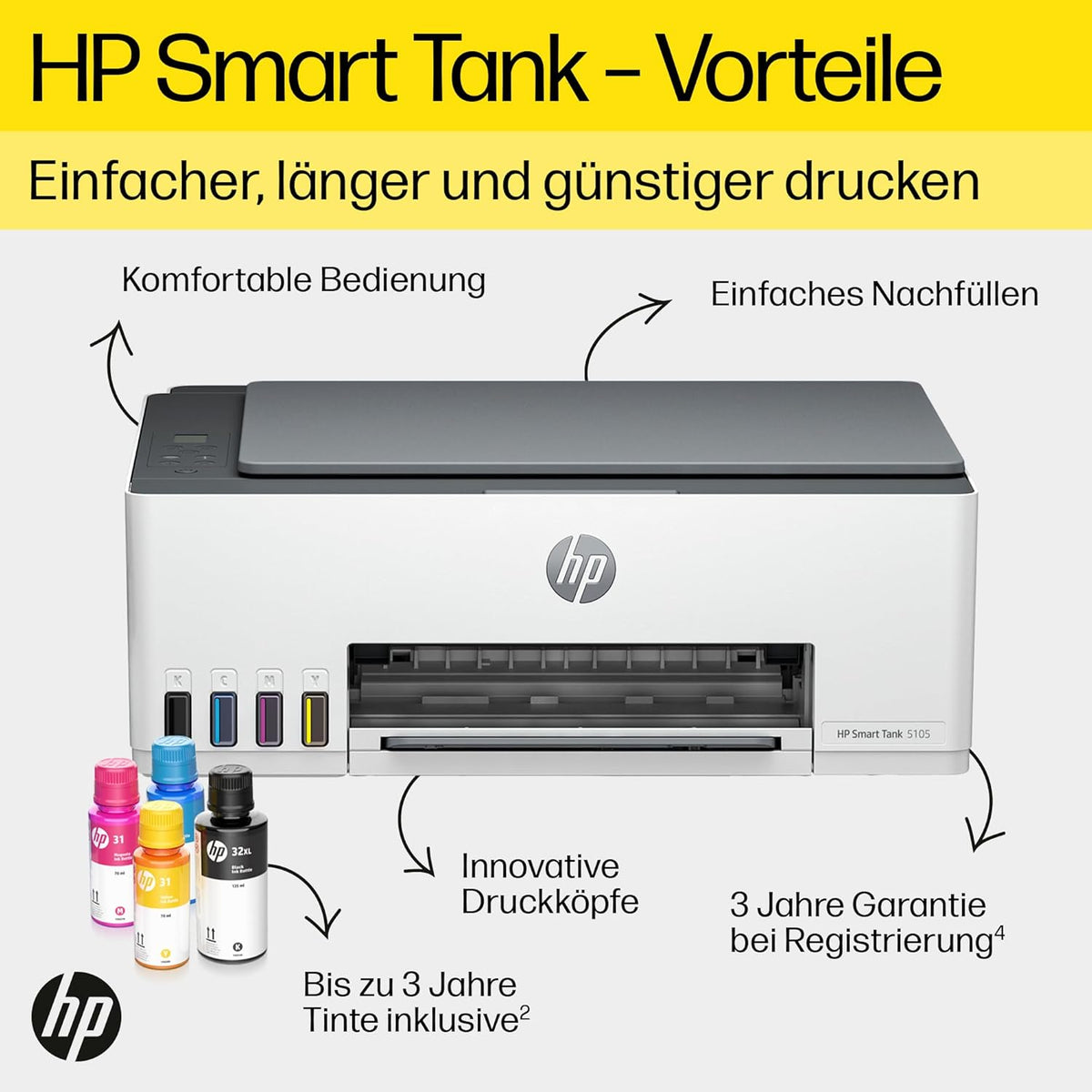 2026 HP Smart Tank 7605 4-in-1 Multifunktionsdrucker (WLAN; Duplex; ADF) – 3 Jahre Tinte inklusive, 3 Jahre Garantie, großer Tintentank, hohe Reichweite, Drucken in hoher Qualität