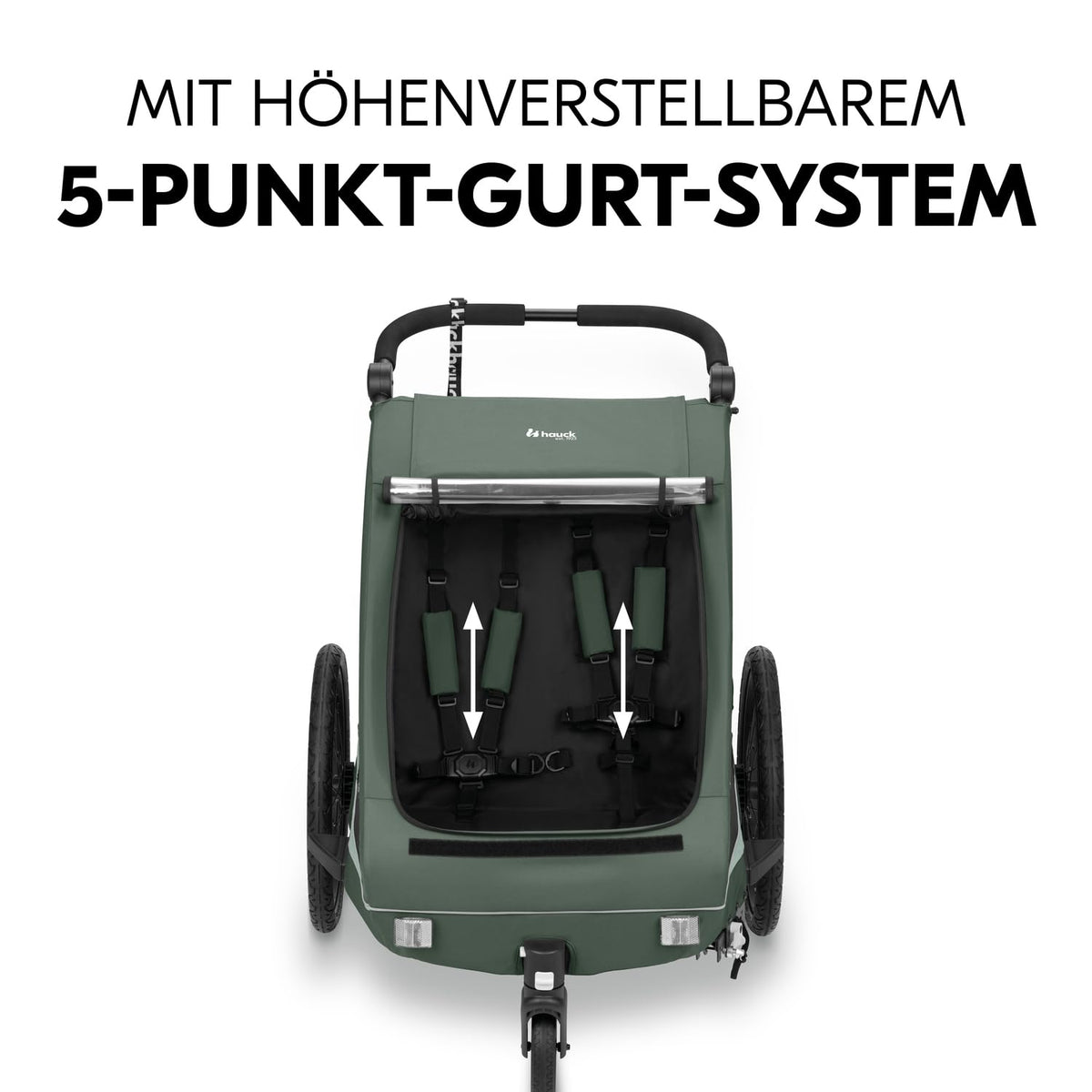 2026 hauck Fahrradanhänger & Kinderwagen Dryk Duo Plus mit Federung, für 2 Kinder (6-48 Monate), inkl. Deichsel, Buggyrad, Fahne und LED Licht, Faltbar, Höhenverstellbar, XL Kofferaum (Dark Green)