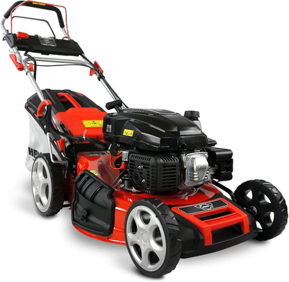 2026 HECHT 5-IN-1 Benzin Rasenmäher – leistungsstarker 4 Takt Eco Motor 4,4 kW (6,0 PS) – Elektrostart – 53 cm Schnittbreite – 75 l Fangkorb – Radantrieb – patentierte Räder – Mulchmäher