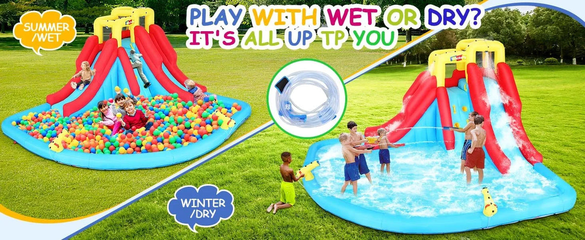 2026 Aufblasbare Wasserrutschen für Kinder, 8-in-1-Hüpfburg-Wasserpark mit 450-W-Gebläse, Kletterwand, Planschbecken, 2 Wasserkanonen, Basketballkorb, Wasserrutsche, Krokodilsprinkler als Geschenk für eine Gartenparty