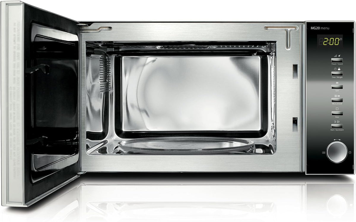 2026 Caso | MG20 menu 2-in-1 Mikrowelle mit Grill | 800 W, Grill 1000W, 2 Kombiprogramme + 14 Koch-Programme, Design Edelstahl und verspiegelt ,20L,Edelstahl