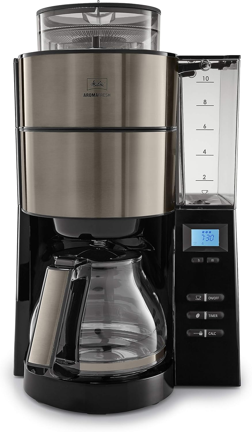 2026 Melitta AromaFresh - Filterkaffeemaschine - mit Glaskanne - integriertes Mahlwerk - Timer Funktion - 10 Tassen - Pure Black