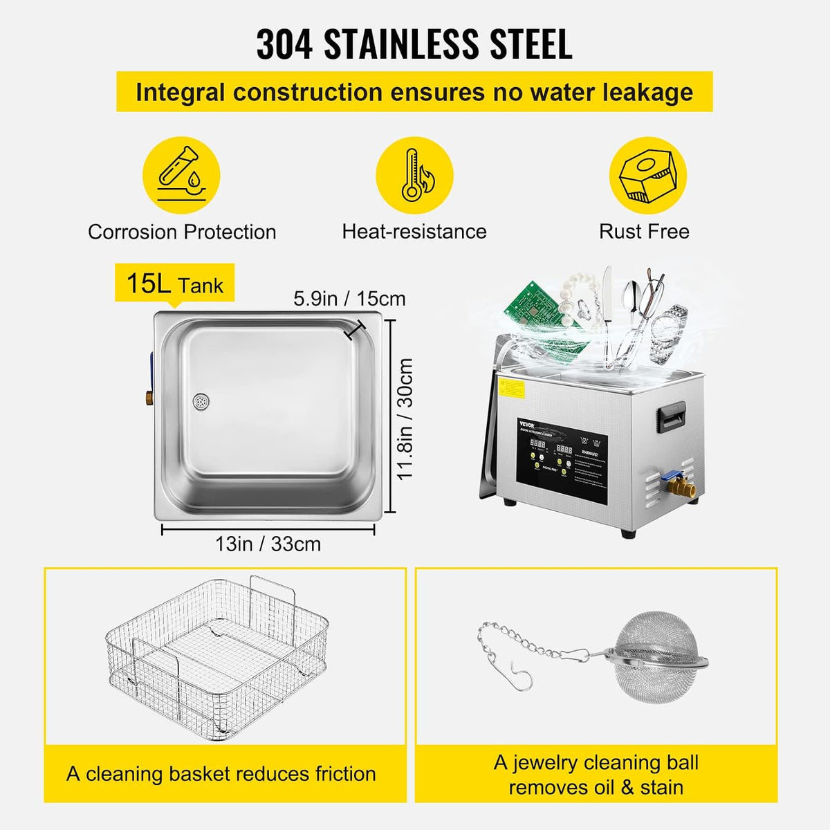 2026 VEVOR 15 L Ultraschallreiniger (600 W Heizung, 360 W Ultraschall) Professioneller digitaler Labor-Ultraschall-Teilereiniger mit Heizungstimer für die Reinigung von Glaszahninstrumenten