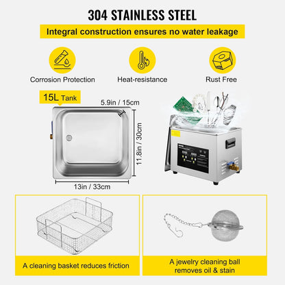 2026 VEVOR 15 L Ultraschallreiniger (600 W Heizung, 360 W Ultraschall) Professioneller digitaler Labor-Ultraschall-Teilereiniger mit Heizungstimer für die Reinigung von Glaszahninstrumenten