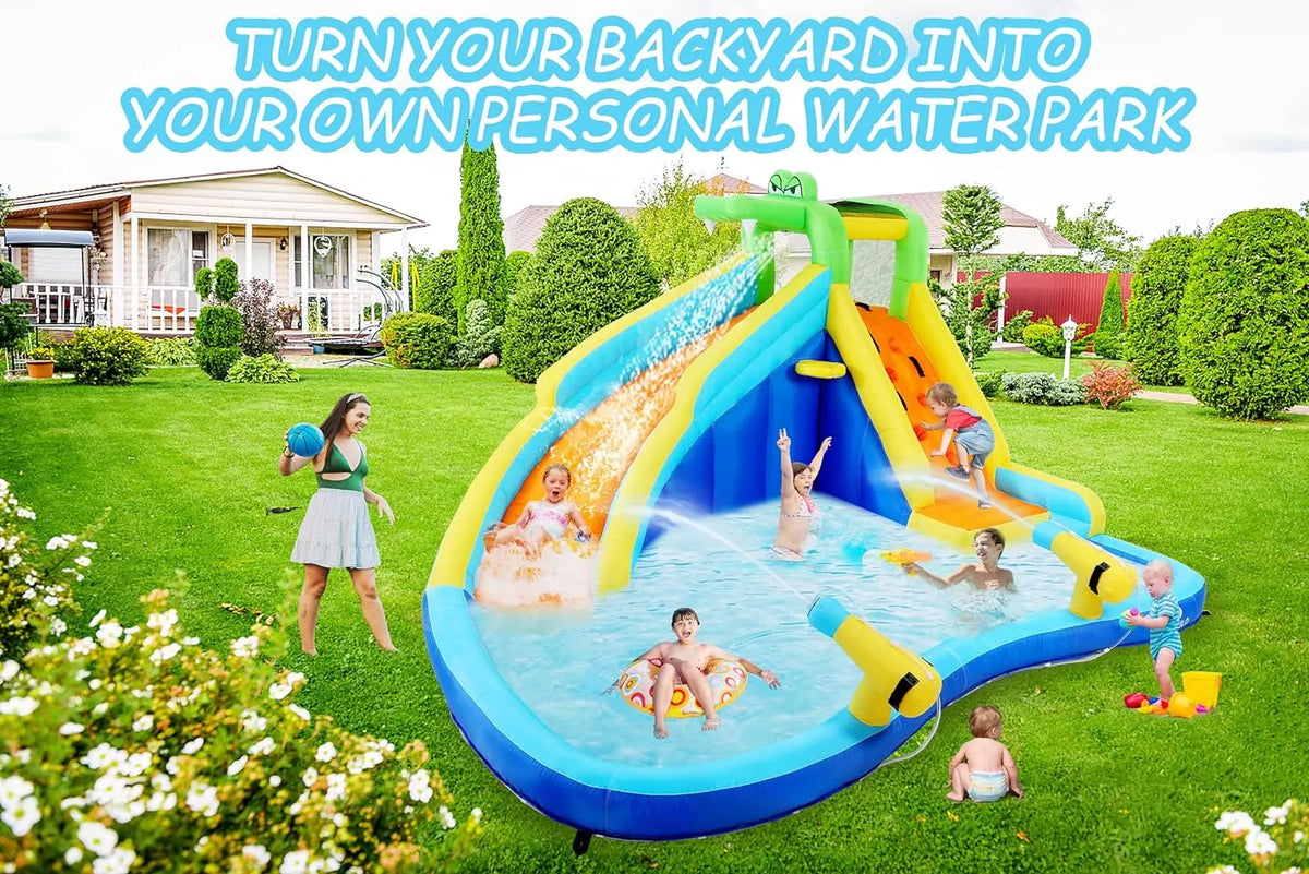2026 Aufblasbare Wasserrutschen für Kinder, 8-in-1-Hüpfburg-Wasserpark mit 450-W-Gebläse, Kletterwand, Planschbecken, 2 Wasserkanonen, Basketballkorb, Wasserrutsche, Krokodilsprinkler als Geschenk für eine Gartenparty