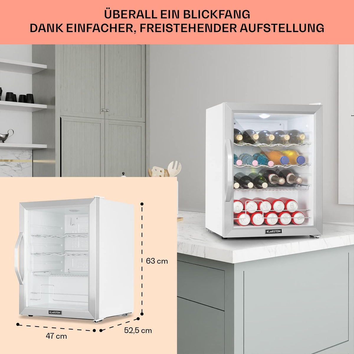 2026 Klarstein Mini Kühlschrank mit Glastür für Zimmer, Getrnkekühlschrank mit Verstellbaren Ablagen, Kleiner 80 Liter, Indoor/Outdoor Kühlschrank Leise