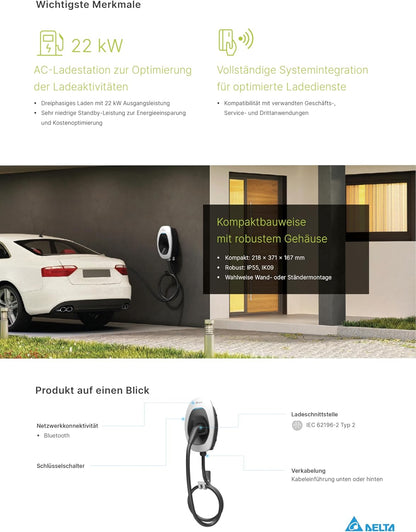 2026 Delta AC MAX Basic, Wallbox für Elektroautos, 11 kW – 3-phasige AC-Ladestation, Typ-2-Stecker