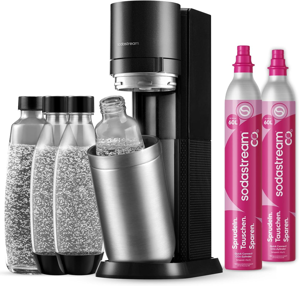2026 SodaStream Wassersprudler DUO mit 2x Quick-Connect CO2-Zylinder| inkl. 2x 1L Glasflasche und 2x 1L FUSE Kunststoffflasche (spülmaschinengeeignet) |