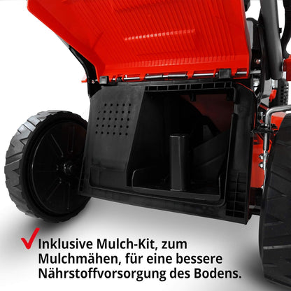 2026 HECHT 5-IN-1 Benzin Rasenmäher – leistungsstarker 4 Takt Eco Motor 4,4 kW (6,0 PS) – Elektrostart – 53 cm Schnittbreite – 75 l Fangkorb – Radantrieb – patentierte Räder – Mulchmäher