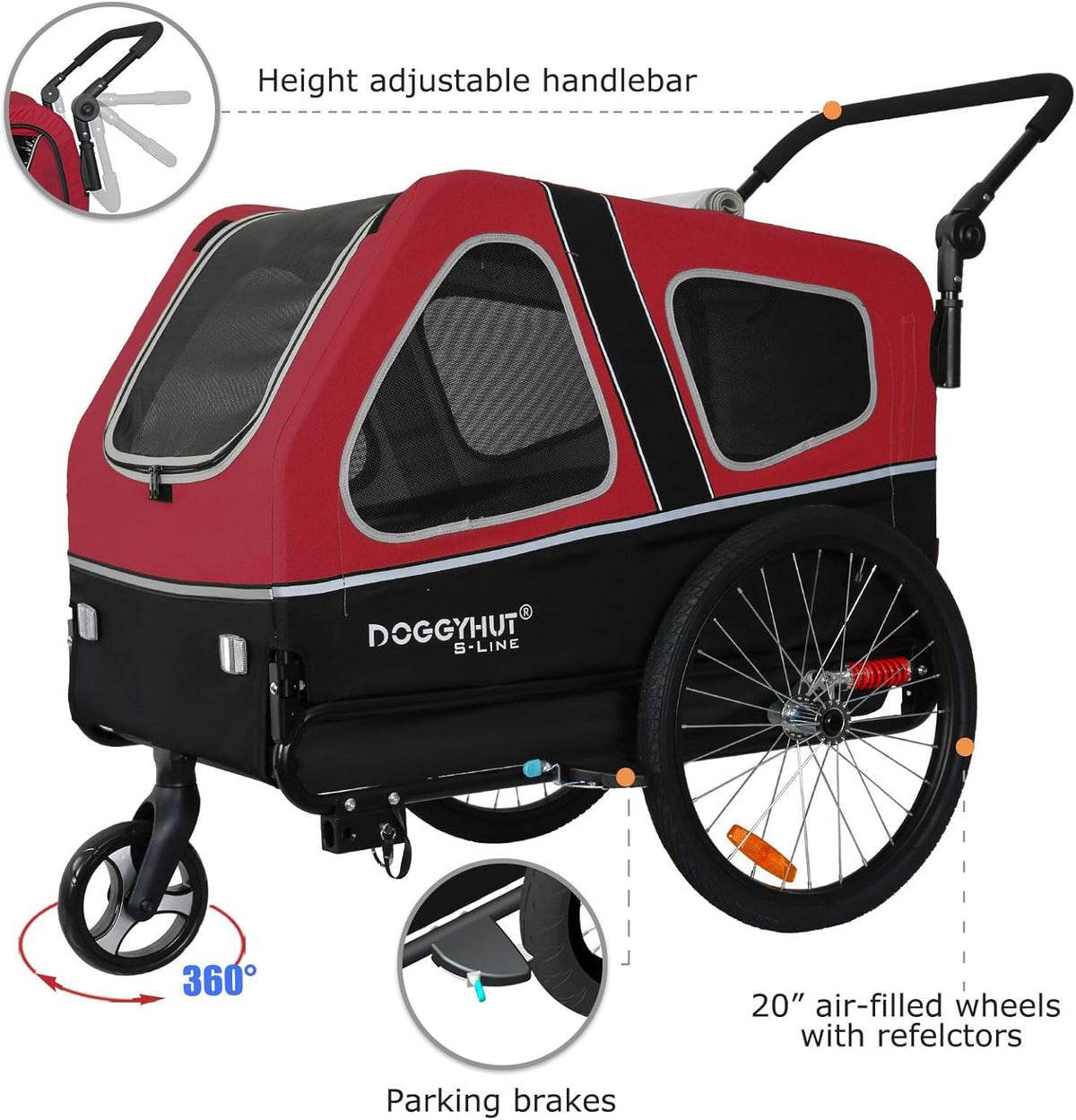 2026 Doggyhut S-Line XL Hundeanhänger & Hundebuggy mit Federung 2 in 1 Hunde Fahrradanhänger Jogger gefedert bis 45 kg