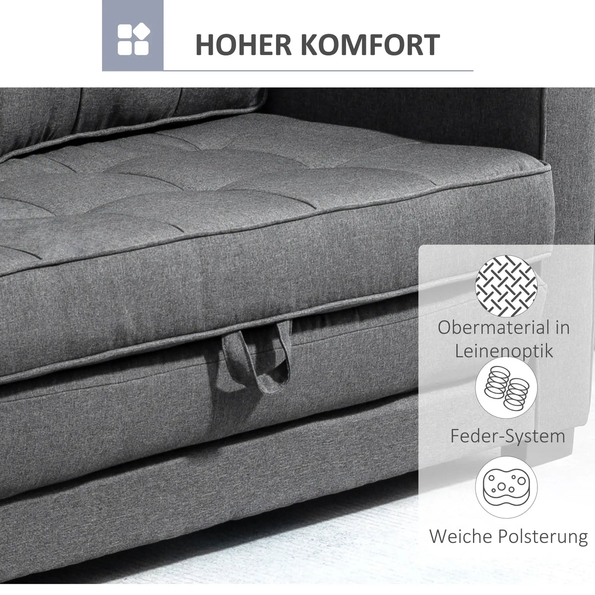 2026 HOMCOM Schlafsofa 2-Sitzer ausziehbar Massivholz Federung Grau