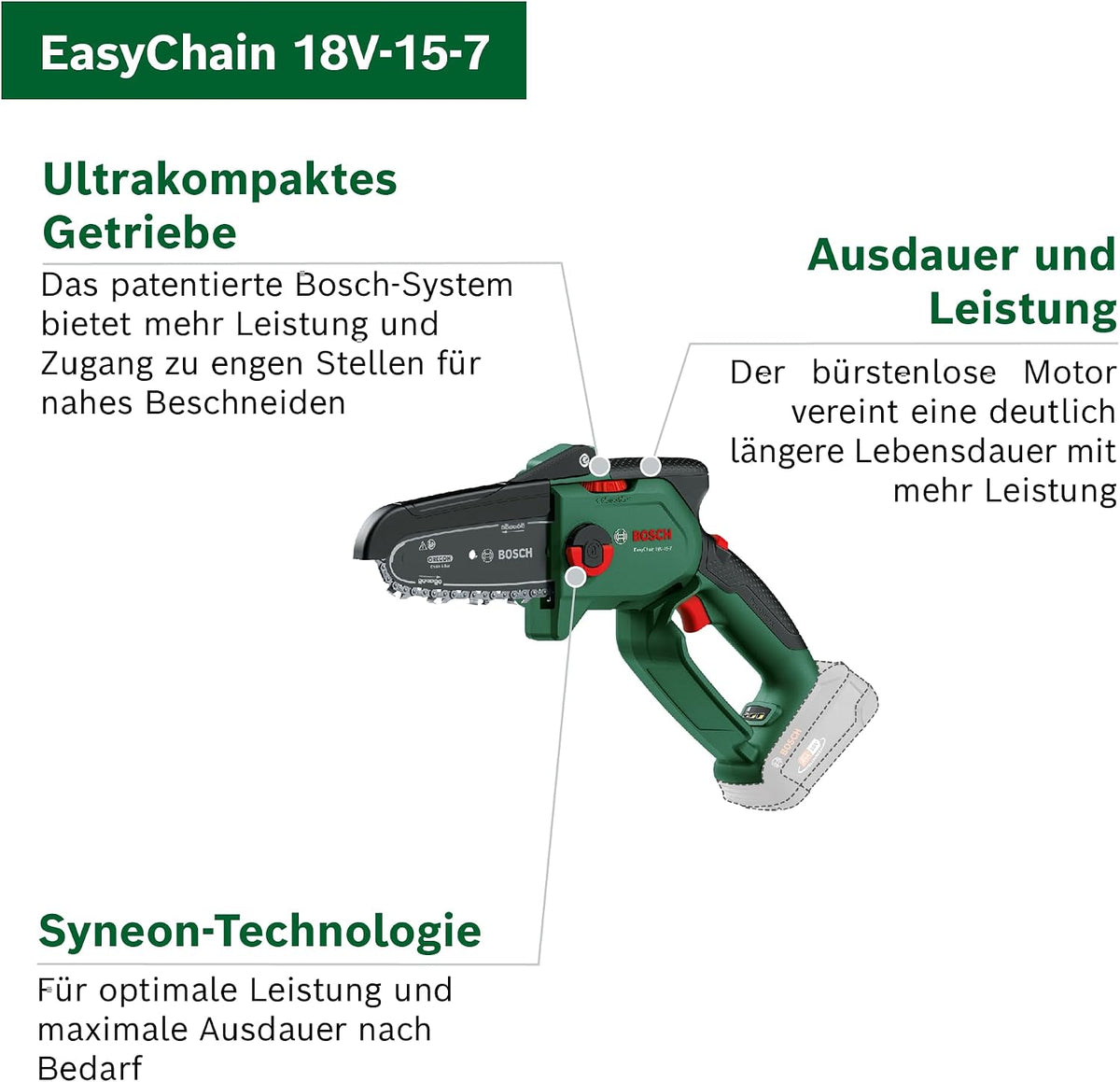 2026 Bosch kompakte Mini Kettensäge EasyChain 18V-15-7 (Zum Schneiden von Holz; 18 Volt System; Kettengeschwindigkeit: 6,95 m/s; ohne Akku)