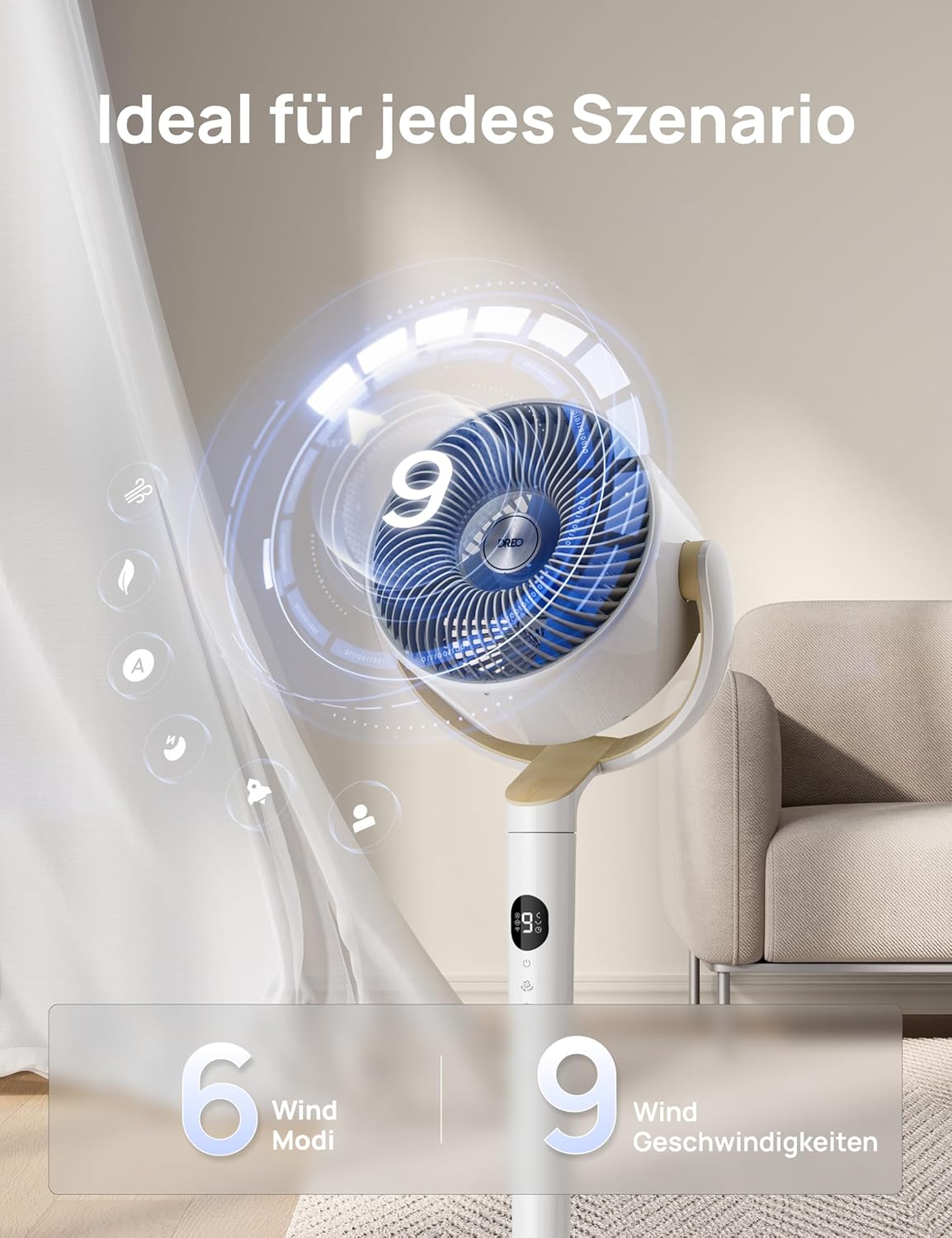 2026 Dreo Smart Standventilator mit RGB Light, 120° +120° Oszillierender Ventilator mit Fernbedienung, 20dB Leiser Bodenventilator für Schlafzimmer, 8H Timer, Silber
