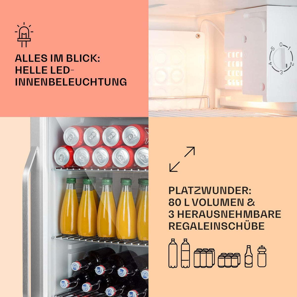 2026 Klarstein Mini Kühlschrank mit Glastür für Zimmer, Getrnkekühlschrank mit Verstellbaren Ablagen, Kleiner 80 Liter, Indoor/Outdoor Kühlschrank Leise