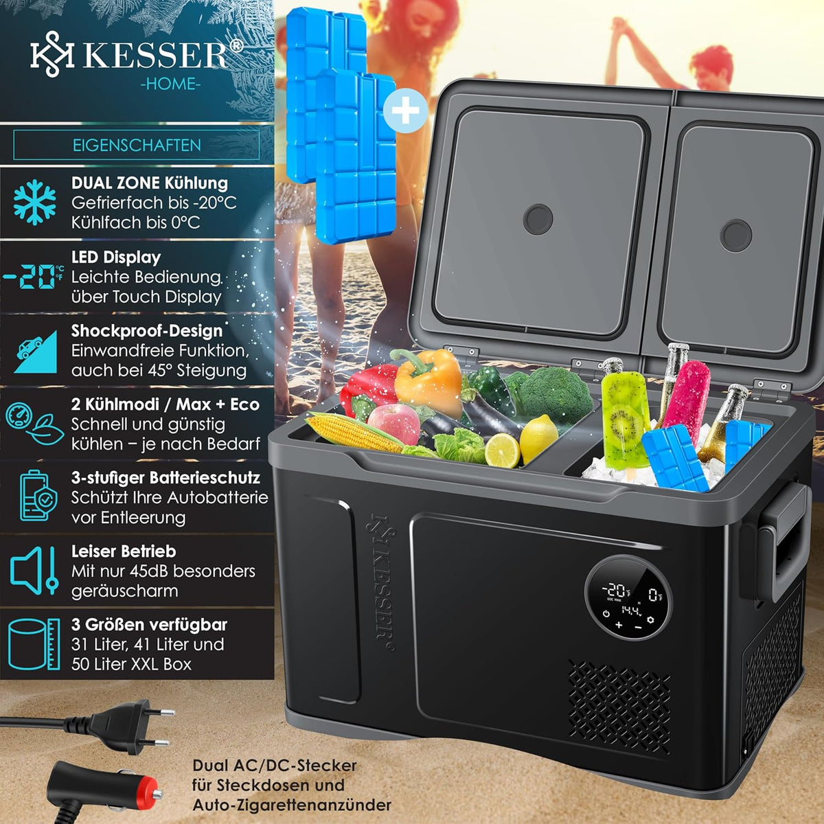2026 KESSER Kompressor Kühlbox 2in1 Doppelzone Kühl & Gefrierfach elektrische Gefrierbox mit 2x Kühlakkus & LED-Touch-Bedienung | Kühlschrank Kühlung bis -20 °C für Camping, Auto, Lkw 12/24V 230V