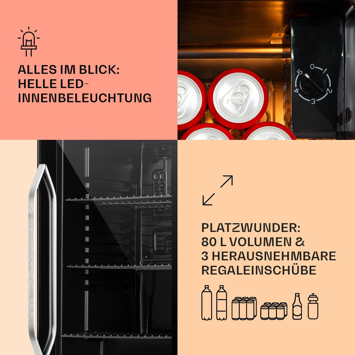 2026 Klarstein Mini Kühlschrank mit Glastür für Zimmer, Getrnkekühlschrank mit Verstellbaren Ablagen, Kleiner 80 Liter, Indoor/Outdoor Kühlschrank Leise