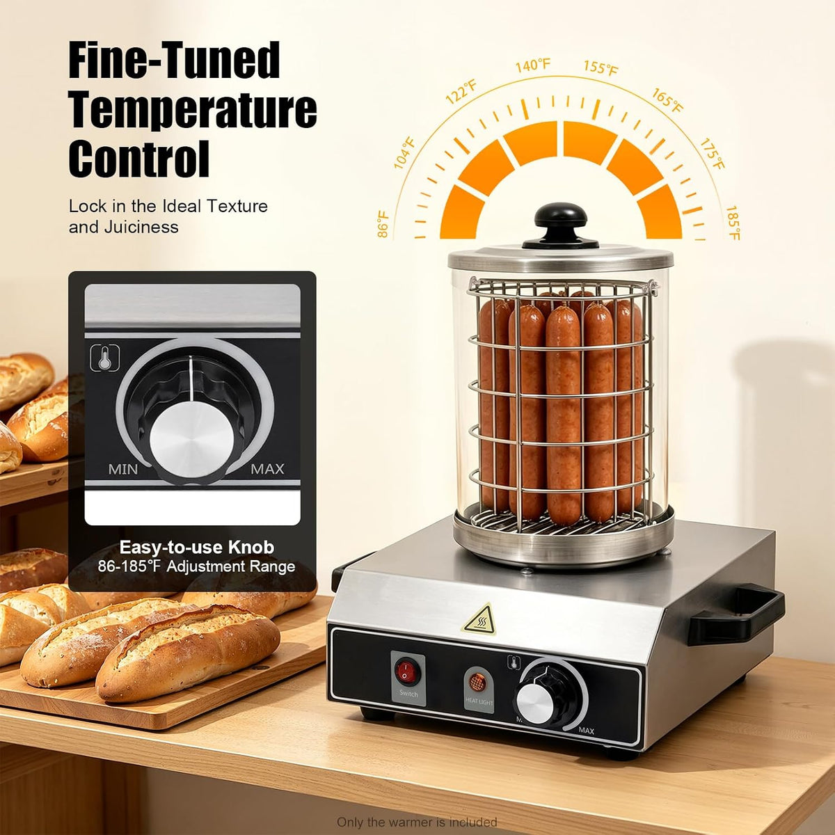 2026 Bockwurstwärmer 350W Elektrischer Würstchenwärmer Edelstahl Hot Dog Maker Wurstwärmer Einstellbarer Temperatur 30-85 °C für gewerblichen und Zuhause