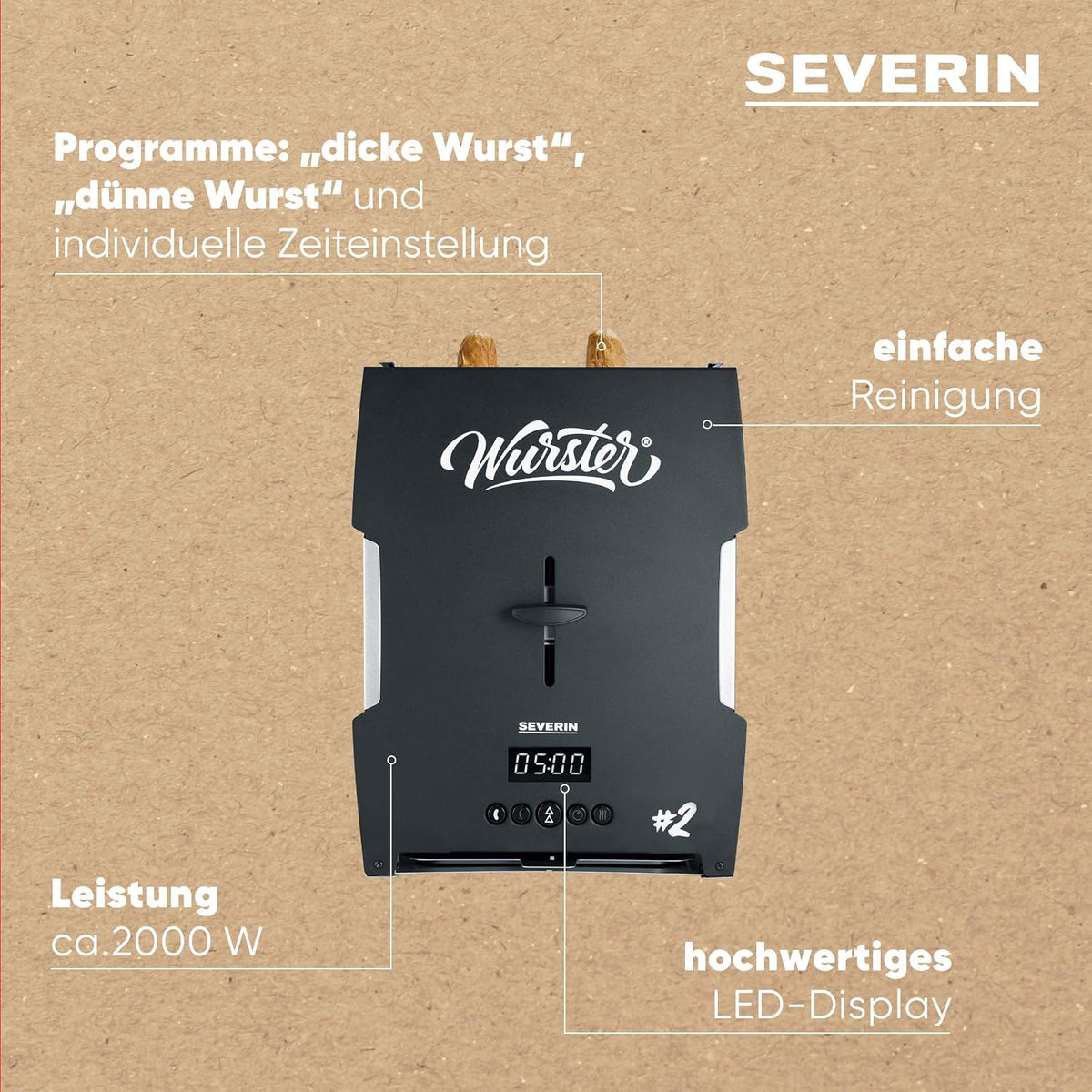 2026 SEVERIN WURSTER, perfekt gebräunte Würstchen auf Knopfdruck in nur 5 Minuten, ohne Zugabe von Fremdfett, inkl. Holzzange, Schwarz, Edelstahl/Kunststoff, WT 5005