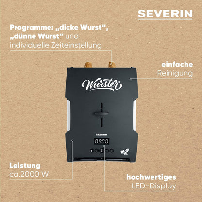 2026 SEVERIN WURSTER, perfekt gebräunte Würstchen auf Knopfdruck in nur 5 Minuten, ohne Zugabe von Fremdfett, inkl. Holzzange, Schwarz, Edelstahl/Kunststoff, WT 5005