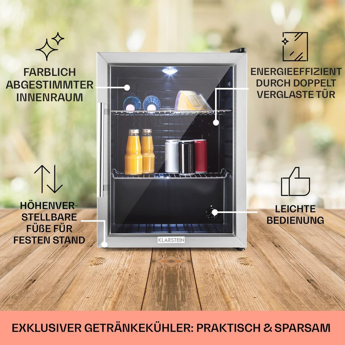 2026 Klarstein Mini Kühlschrank mit Glastür für Zimmer, Getrnkekühlschrank mit Verstellbaren Ablagen, Kleiner 80 Liter, Indoor/Outdoor Kühlschrank Leise